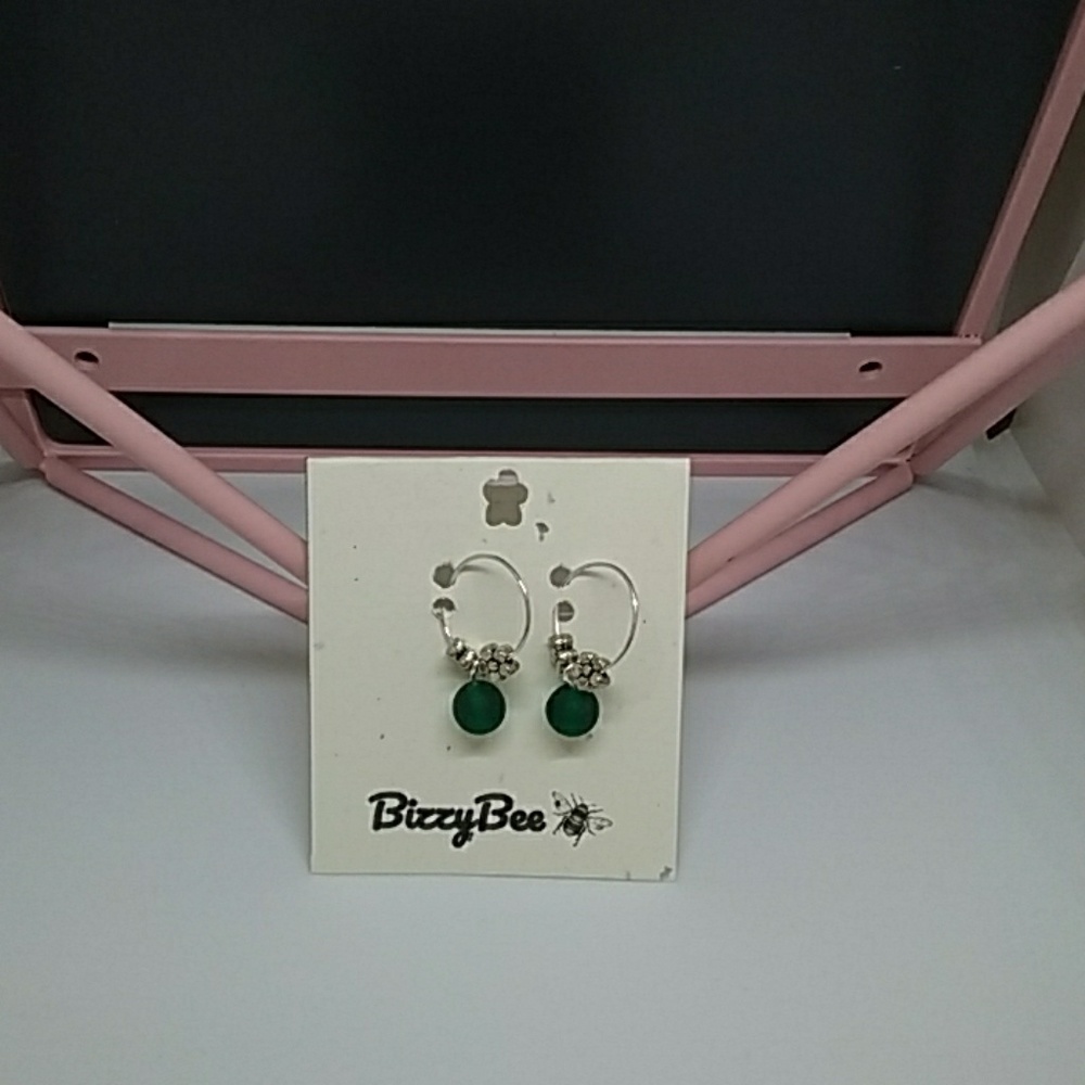 Silver hoops with green glass dangles